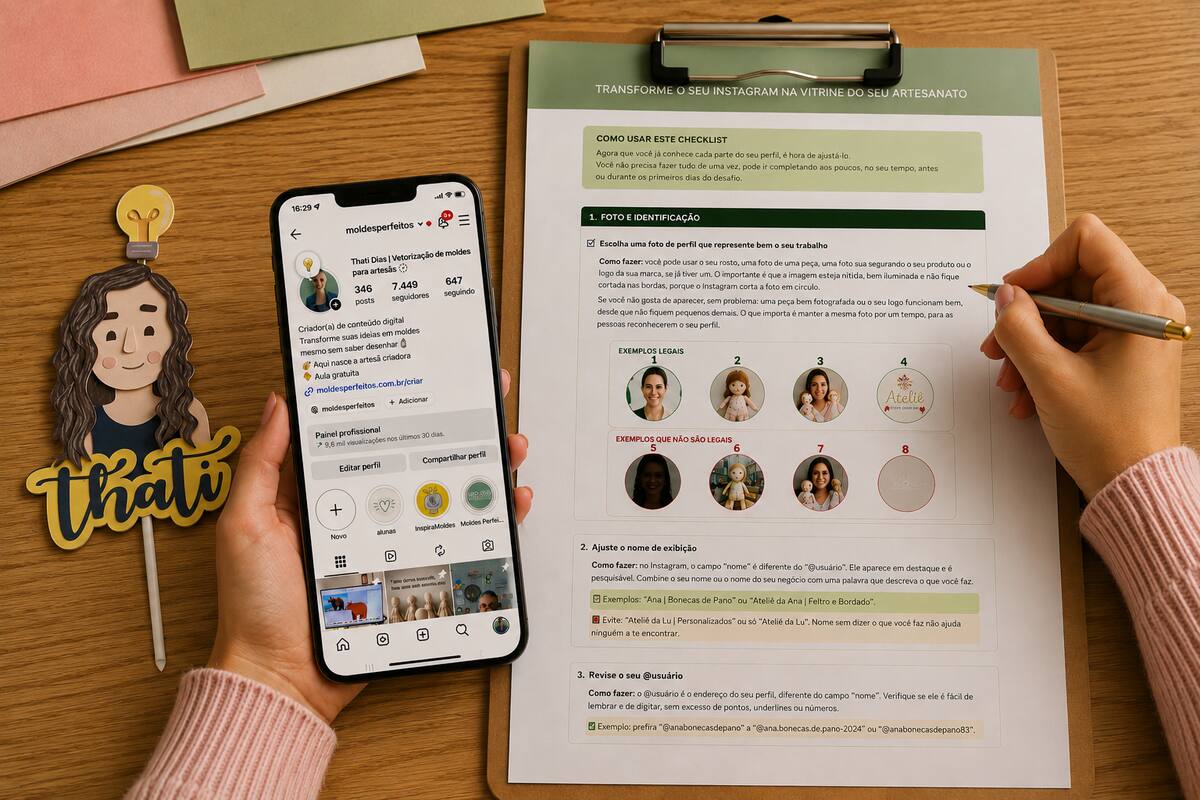 Checklist impresso em uma prancheta ao lado de um celular com perfil do Instagram