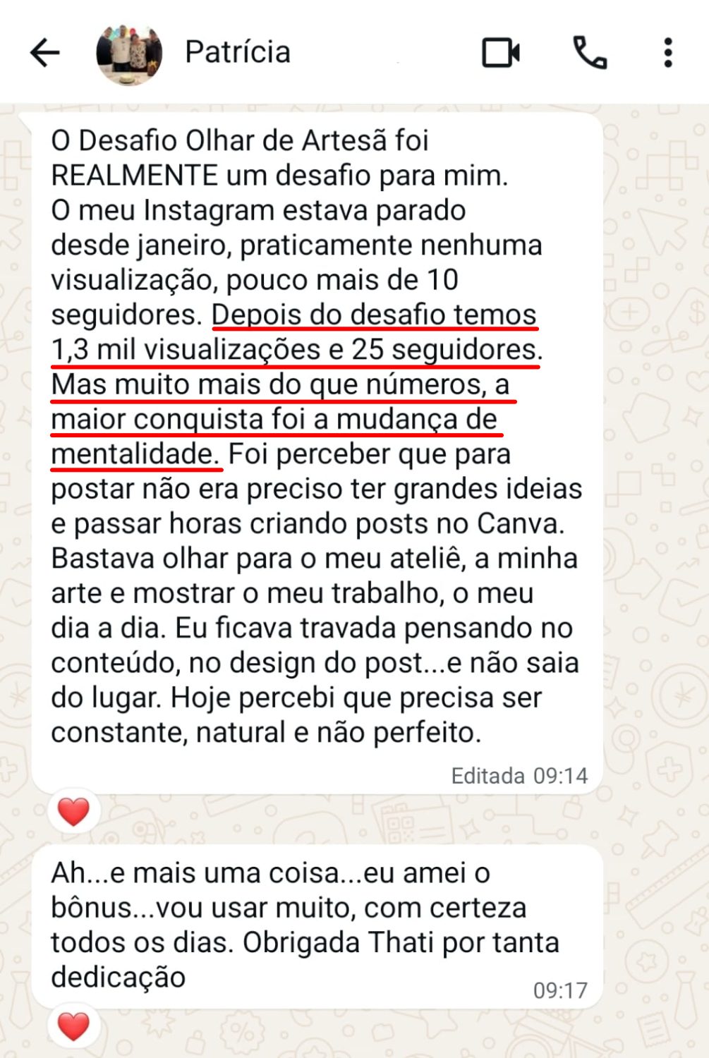 Print de depoimento de Patrícia