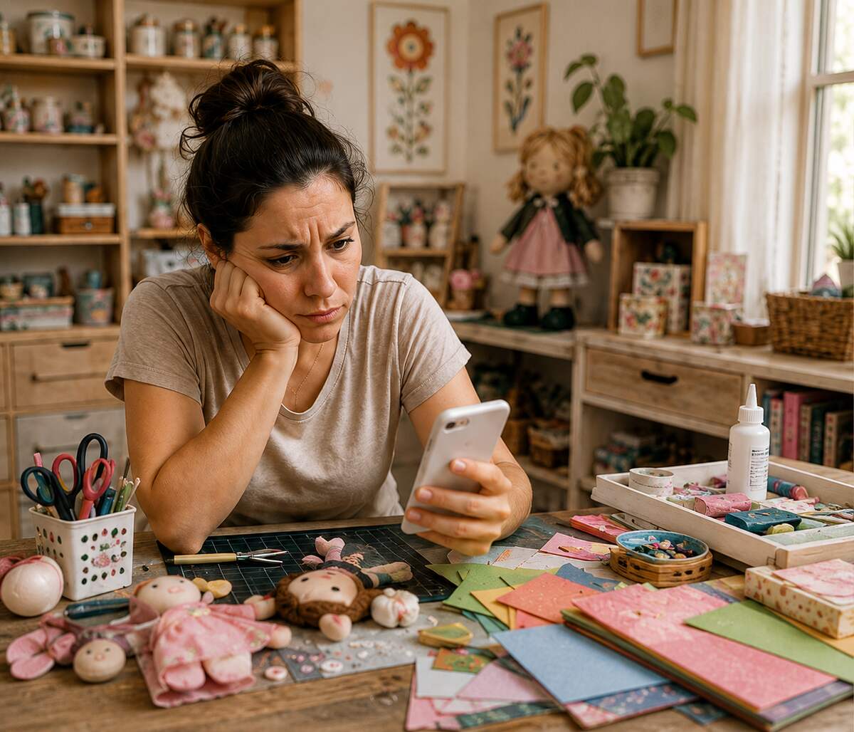 Artesã olhando o celular, cenário desorganizado