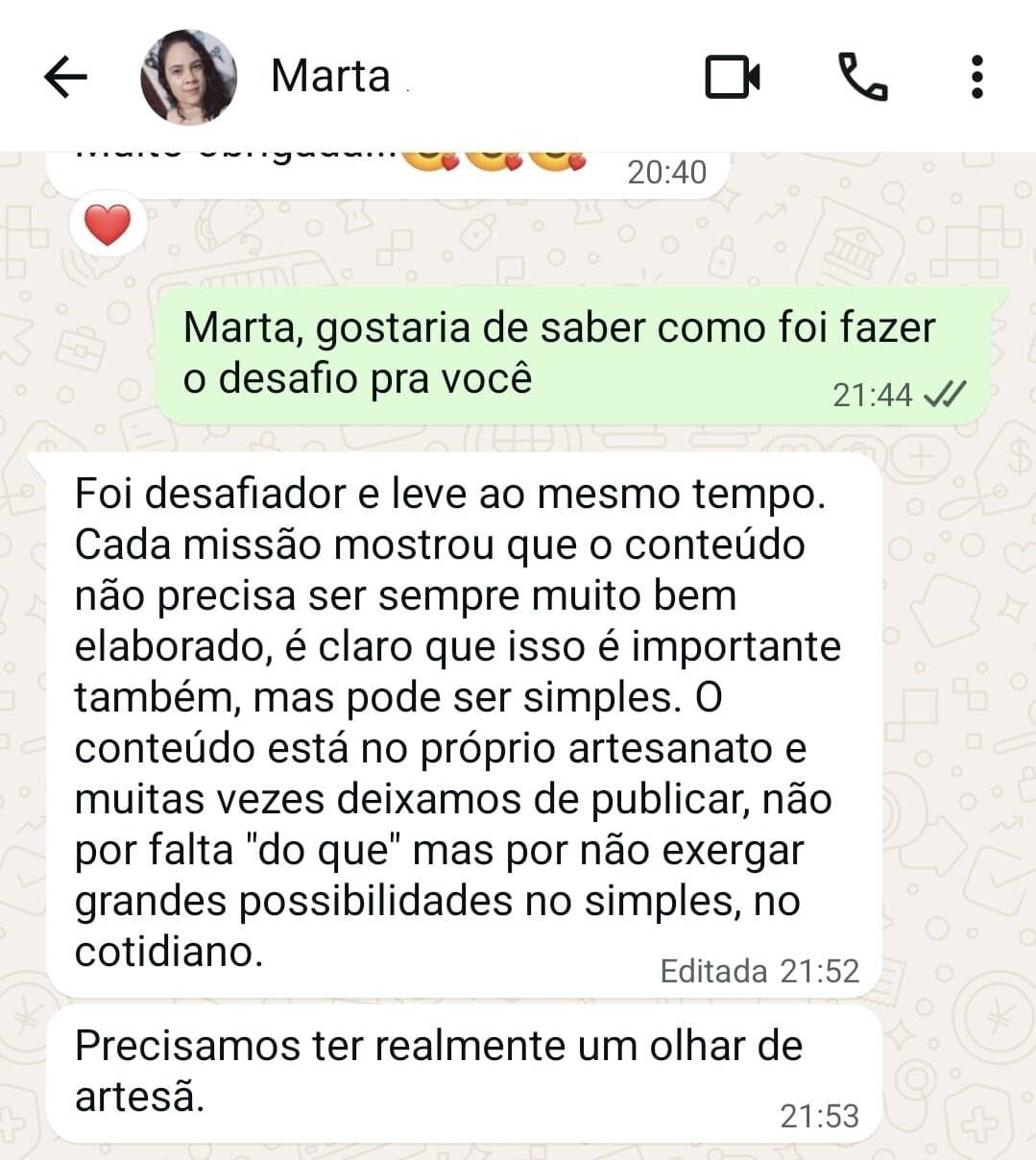 Print de depoimento de Marta