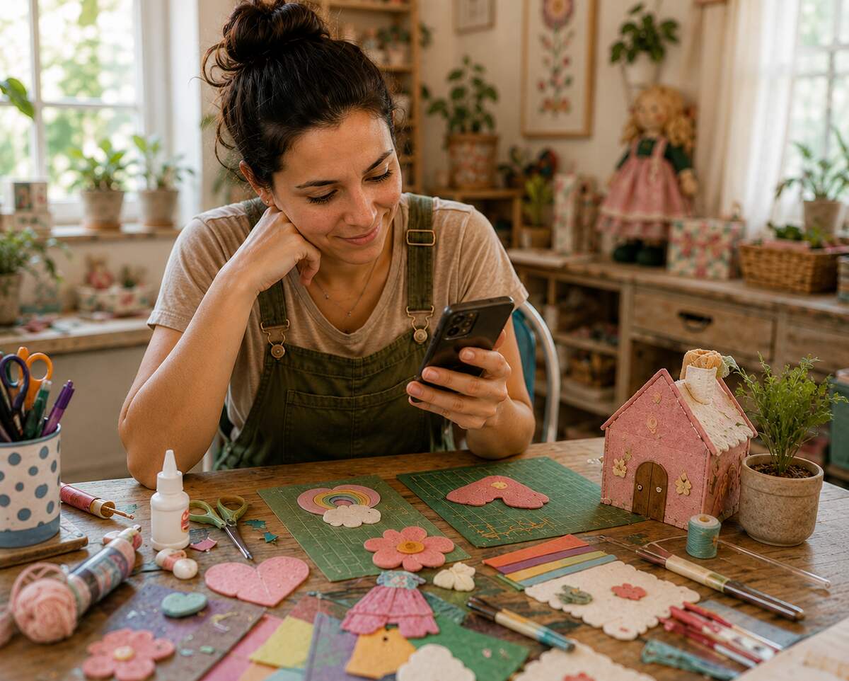 Artesã sorridente fotografando seu trabalho em ateliê iluminado